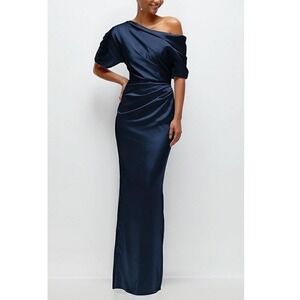 After Six Navy One-Shoulder Satin Gown